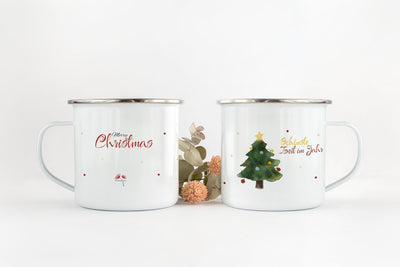 Emaille Tasse Weihnachtsbaum vorne und hinten